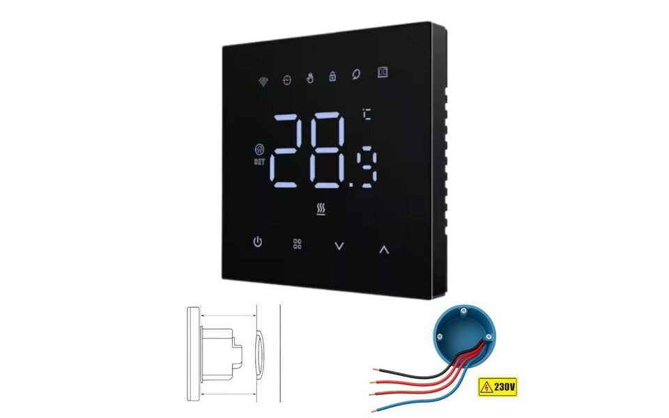 Smartlife Domotica Wifi Inbouw Thermostaat met Touchscreen voor Watergedragen Vloerverwarming (zwart)