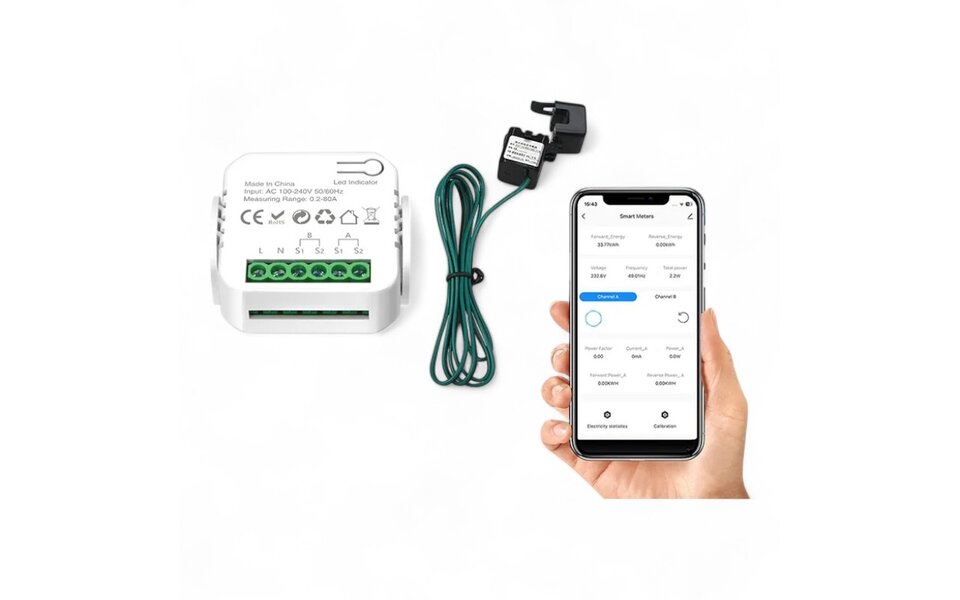 Smartlife Domotica Smart WiFi Energie Monitor | 1 Klem | Voor Zonnepanelen | 80A | Tuya & Smartlife App | Google Home &amp; Alexa | Wit