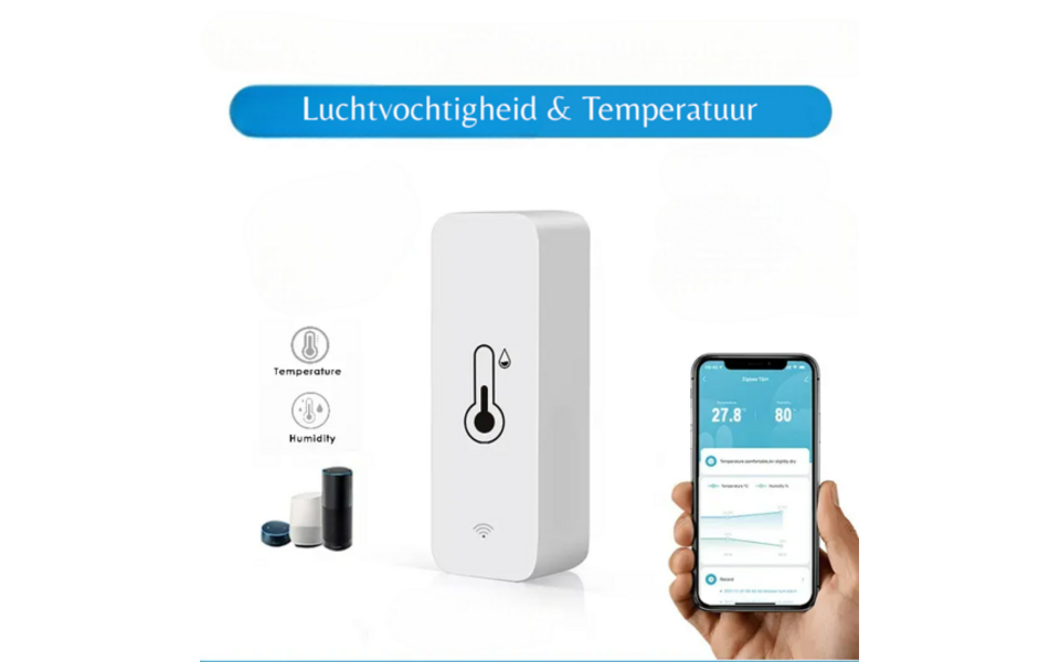 Smartlife Domotica Tuya WiFi Temperatuur- en Vochtigheidssensor | LED-display | Real-time metingen | App- en spraakbediening | Compact ontwerp