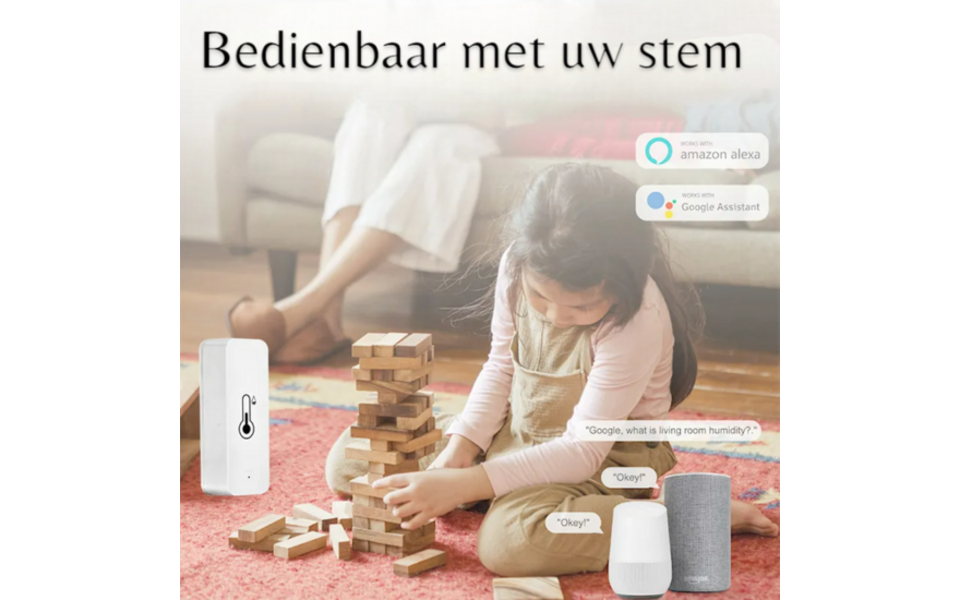 Smartlife Domotica Tuya WiFi Temperatuur- en Vochtigheidssensor | LED-display | Real-time metingen | App- en spraakbediening | Compact ontwerp
