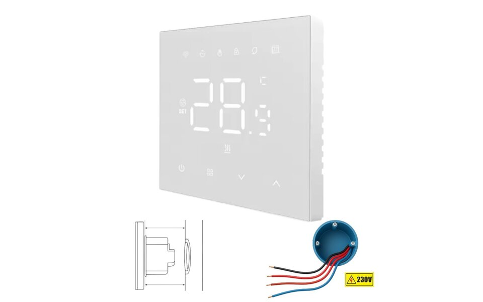 Smartlife Domotica Wifi Inbouw Thermostaat met Touchscreen voor Elektrische vloerverwarming en Infrarood (wit)