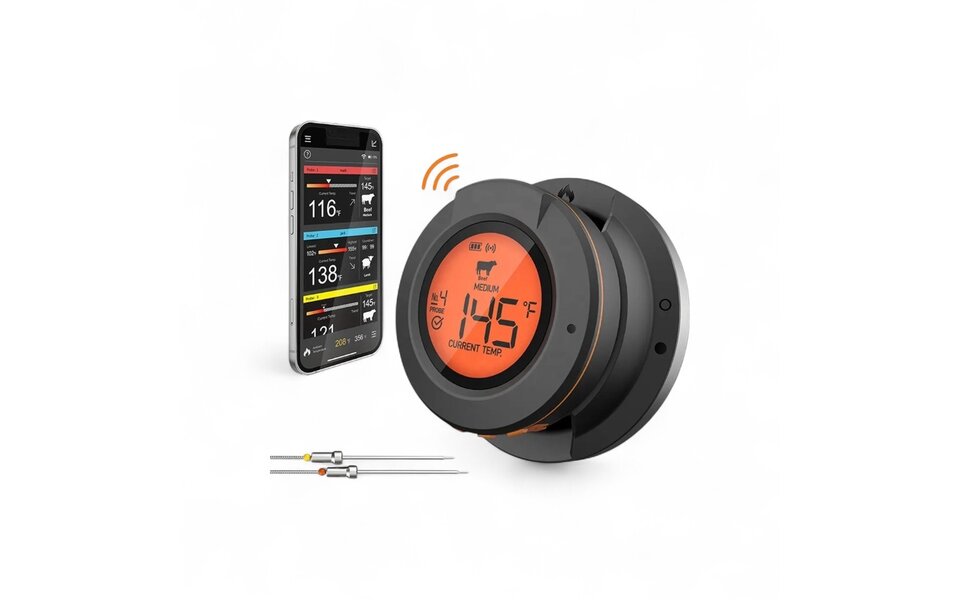 Smartlife Domotica Bluetooth Kamado Thermometer | Dome- en Kern Temperatuur | 2 Probes | 50m Bereik | 0–300°C | LCD Display | IP54 | BBQ, Oven, Smoker | App voor iOS & Android