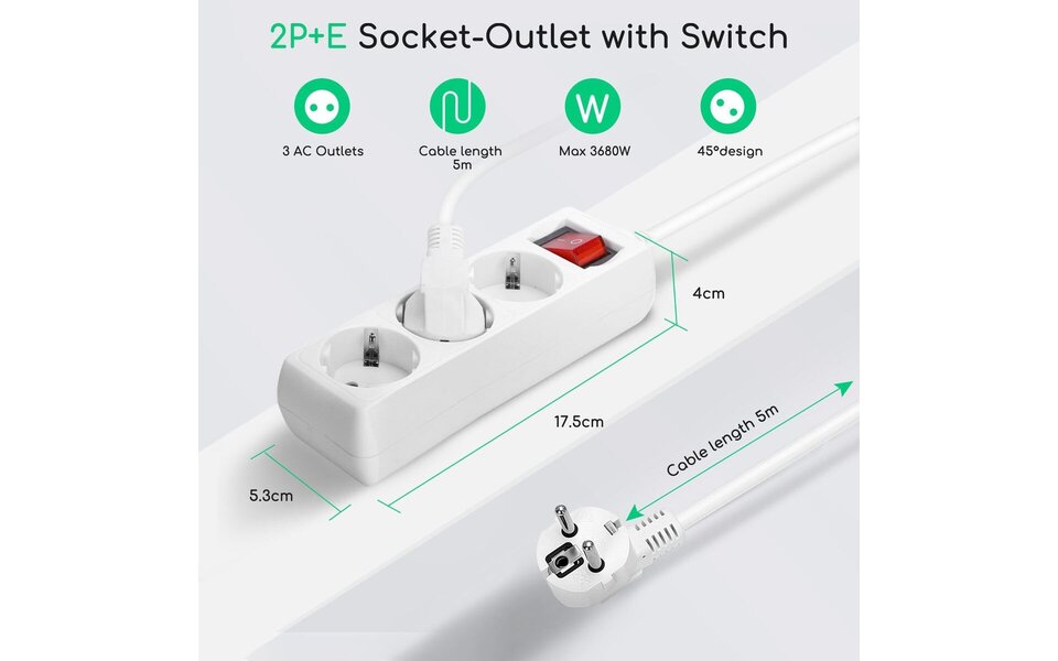 HLW LED Stekkerdoos met Schakelaar, 3 Stopcontacten & 5m Verlengsnoer - 3680W LED