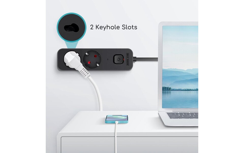 HLW LED Aigi Quino Power Strip with Switch - 3680W LED Accessories, 3m Extension Cord