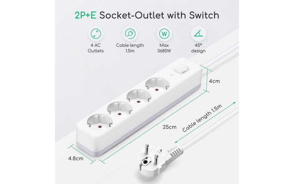 HLW LED Stekkerdoos met Schakelaar - 3680W LED Toebehoren, 4 Stopcontacten & 1.5m Verlengsnoer