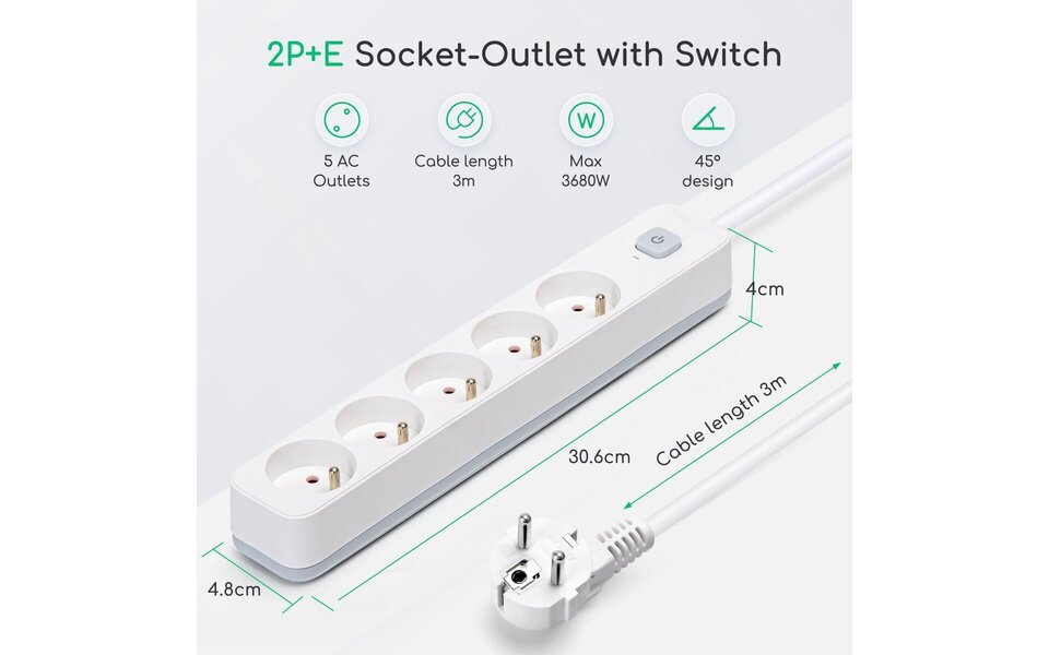 HLW LED Stekkerdoos met Schakelaar - 5 Stopcontacten, 3m Verlengsnoer - 2300W LED Toebehoren HLW LED Stekkerdoos met Schakelaar - 5 Stopcontacten, 3m Verlengsnoer - 2300W LED Toebehoren