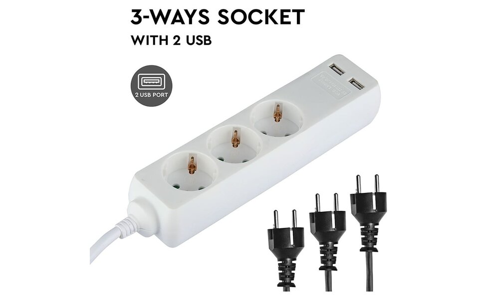 HLW LED Viron Serino Stekkerdoos met USB - 3680W Verlengsnoer met 3 Stopcontacten
