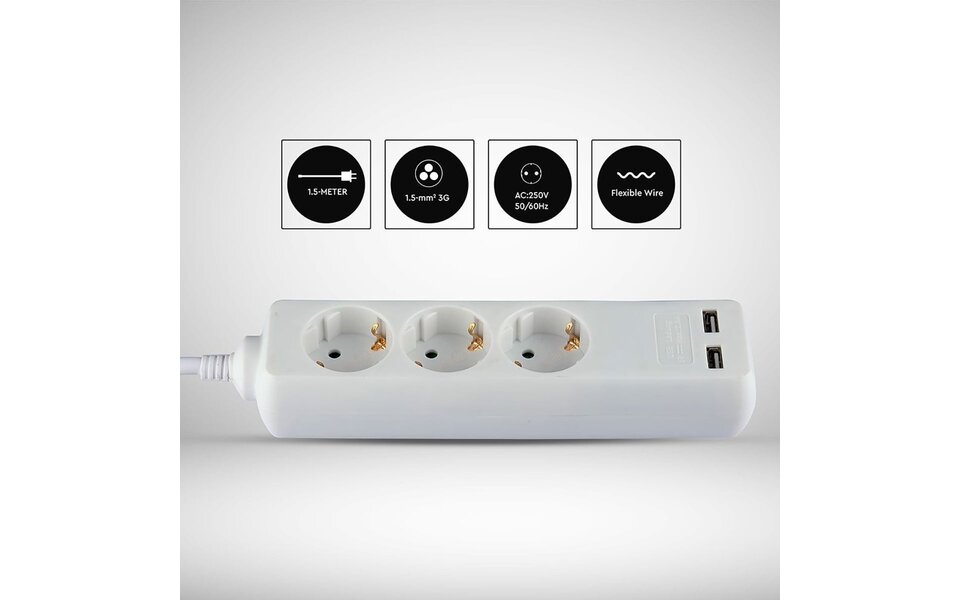 HLW LED Viron Serino Stekkerdoos met USB - 3680W Verlengsnoer met 3 Stopcontacten