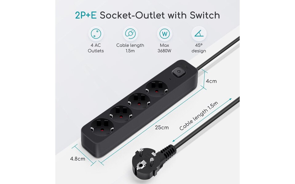 HLW LED Aigi Quino Power Strip with Switch - 4 Outlets, 1.5m Extension Cord, 3680W LED Accessories