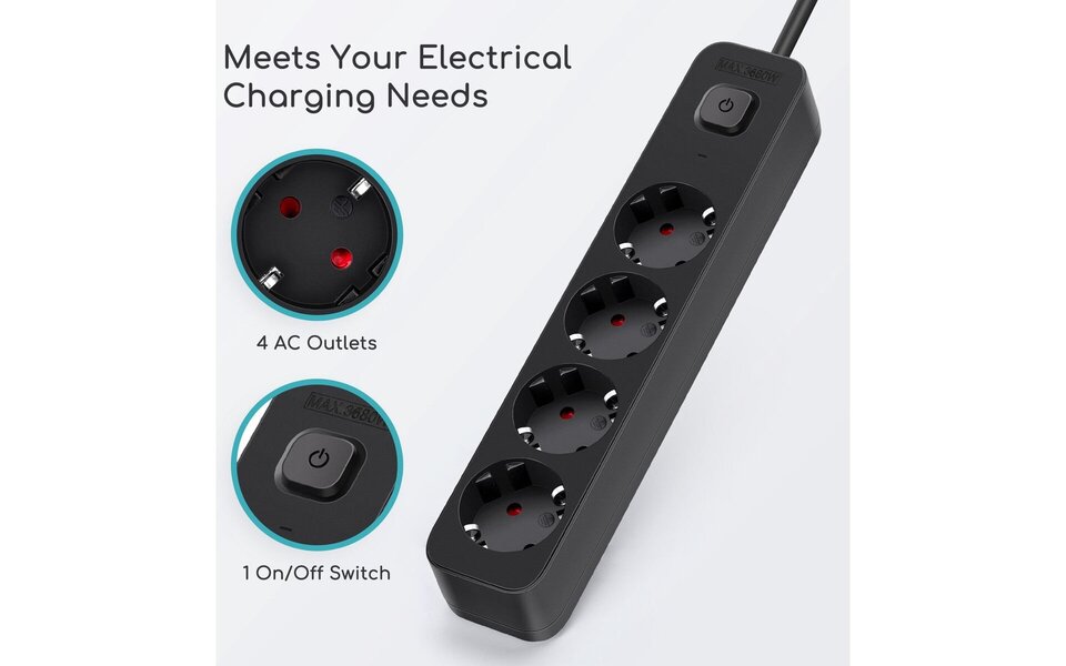 HLW LED Aigi Quino Power Strip with Switch - 4 Outlets, 1.5m Extension Cord, 3680W LED Accessories