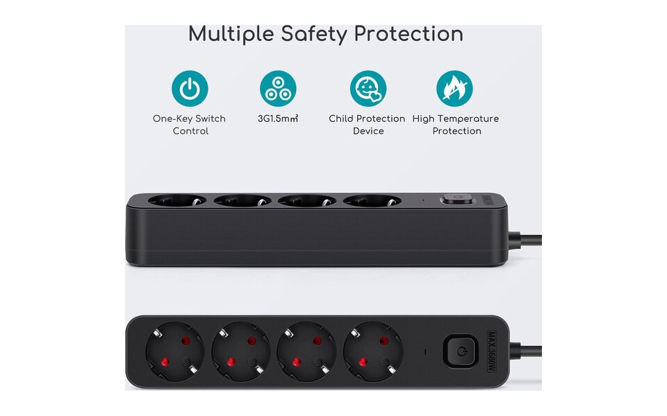 HLW LED Aigi Quino Power Strip with Switch - 4 Outlets, 1.5m Extension Cord, 3680W LED Accessories