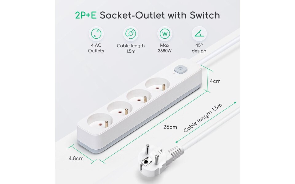 HLW LED Aigi Anzim Stekkerdoos met Schakelaar - 2300W LED Toebehoren, 4 Stopcontacten, 1.5m Verlengsnoer