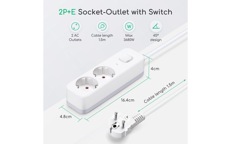HLW LED Aigi Antris Power Strip with Switch - 3680W LED Accessories, 2 Sockets & 1.5m Extension Cord