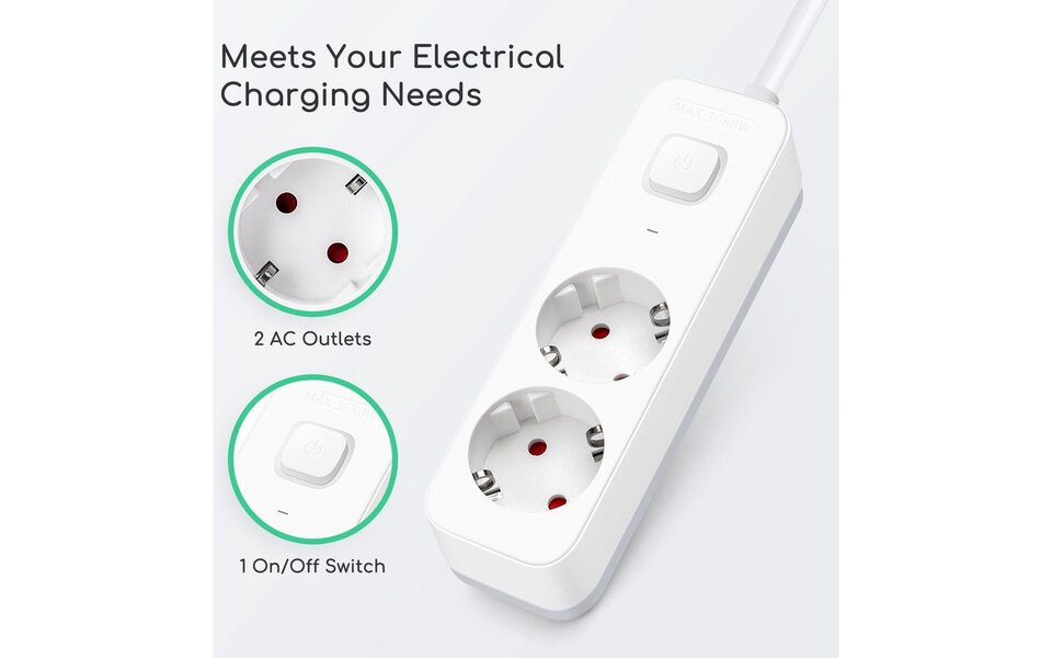 HLW LED Aigi Antris Power Strip with Switch - 3680W LED Accessories, 2 Sockets & 1.5m Extension Cord