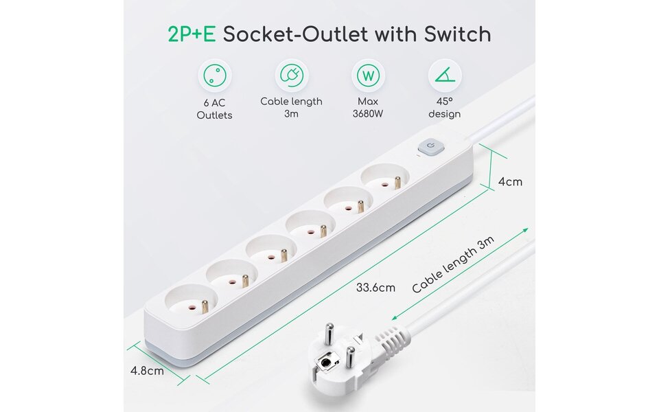 HLW LED Aigi Anzim Power Strip with Switch - 6 Outlets, 3m Extension Cord, 2300W LED Accessories