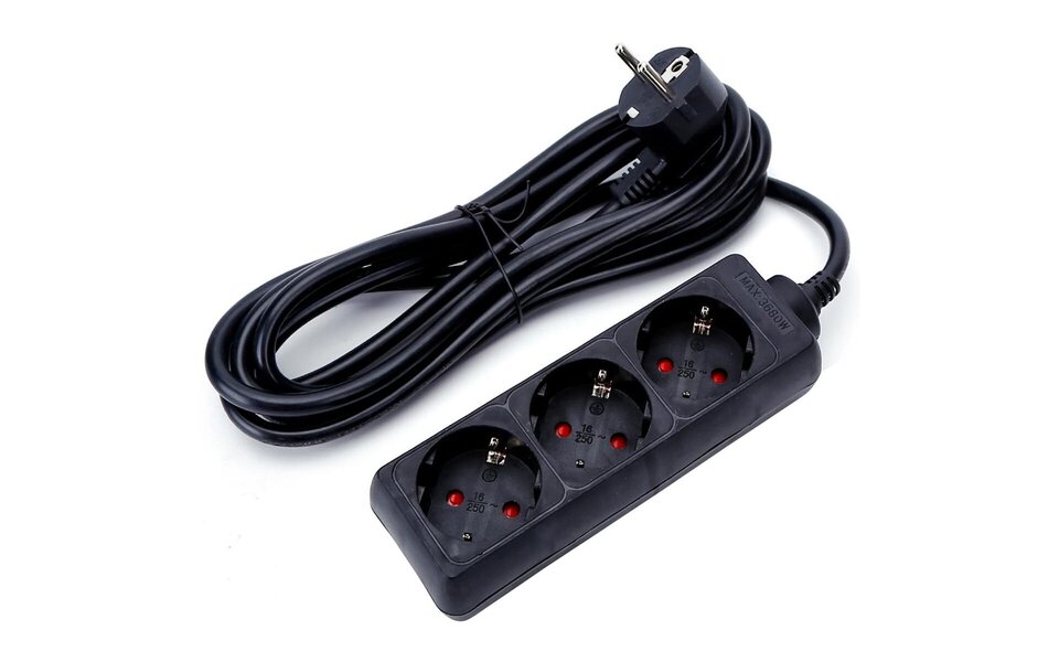 HLW LED Stekkerdoos Verlengsnoer 3m - 3680W LED - 3 Stopcontacten - Zwart