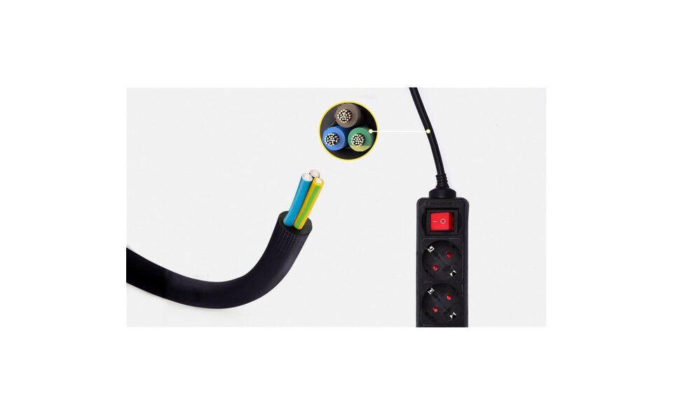 HLW LED Aigi Quino Power Strip with Switch - 3 Outlets, 3m Extension Cord, 3680W