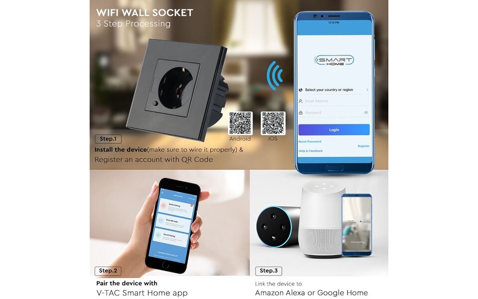 HLW LED Viron Wimo Smart WiFi Wandcontactdoos 1-voudig met Randaarde en Zwart Glazen Afdekraam