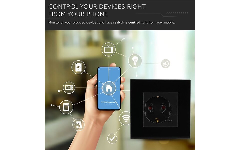 HLW LED Viron Wimo Smart WiFi Wall Socket 1-way with Grounding and Black Glass Cover Frame