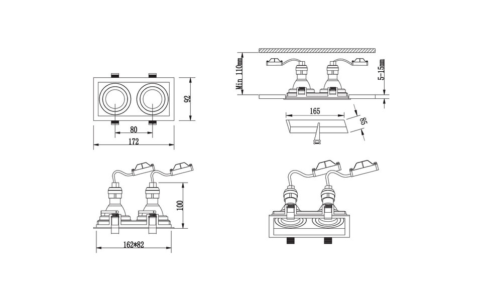 HLW LED Trion Kenan GU10 Inbouwspot - 2-lichts Kantelbaar Matzwart Aluminium LED Toebehoren