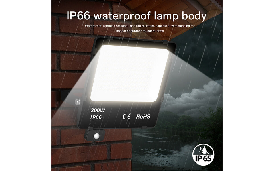 Sosen LED Flood Light | 200W | 4000K | PIR Sensor | IP66 | 150lm/W | Lifud driver | 90° | CRI >80