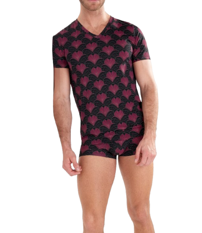 HOM Carlyle Tee-Shirt V-Neck Bordeaux Print
