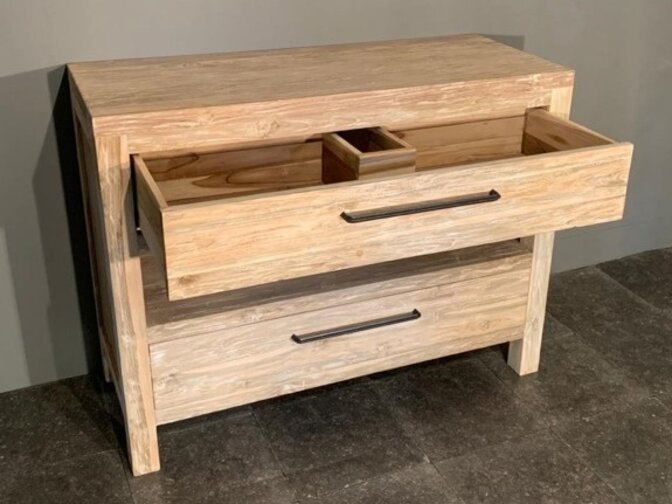 Teak bathroom vanity 110 × 45 × 85 cm – white wash.