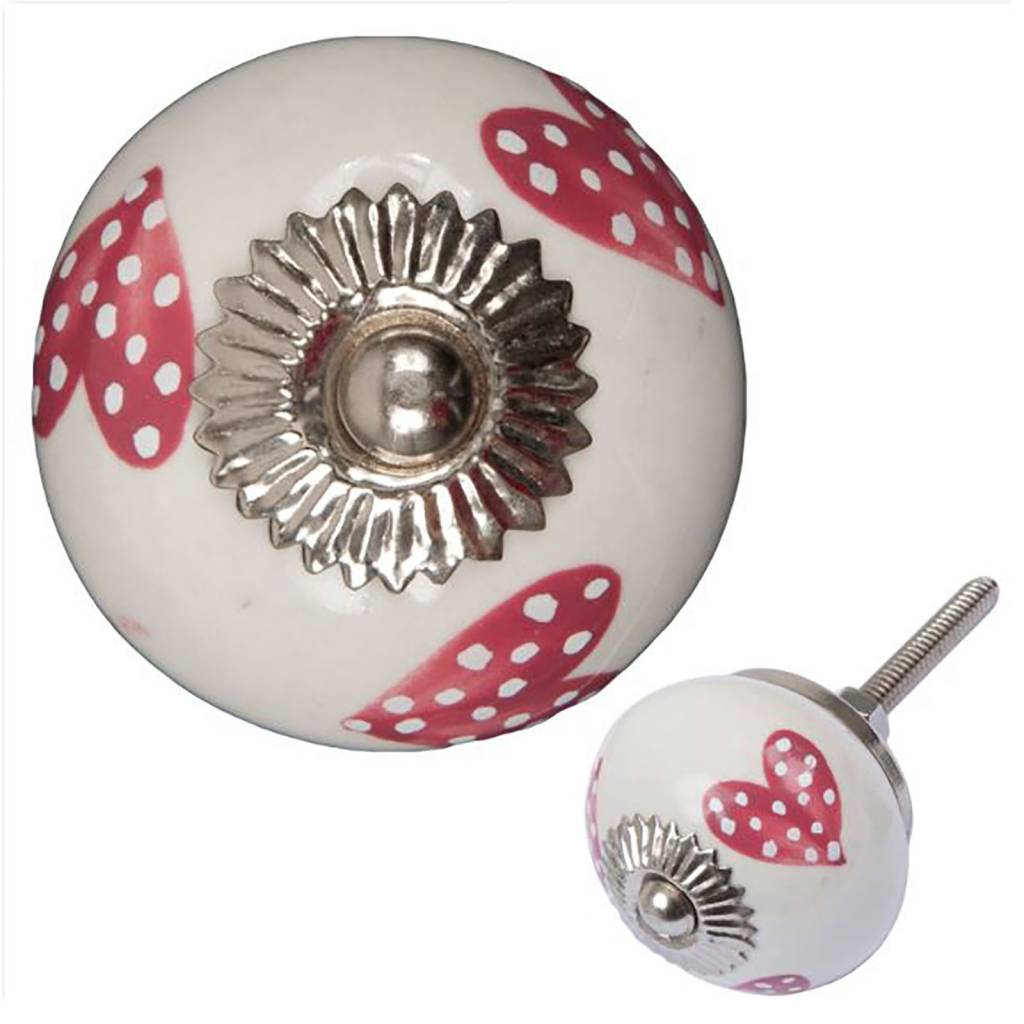 Möbelknopf Keramik weiß gepunktete Herzchen - SchmiedeeiserneBeschlaege.de