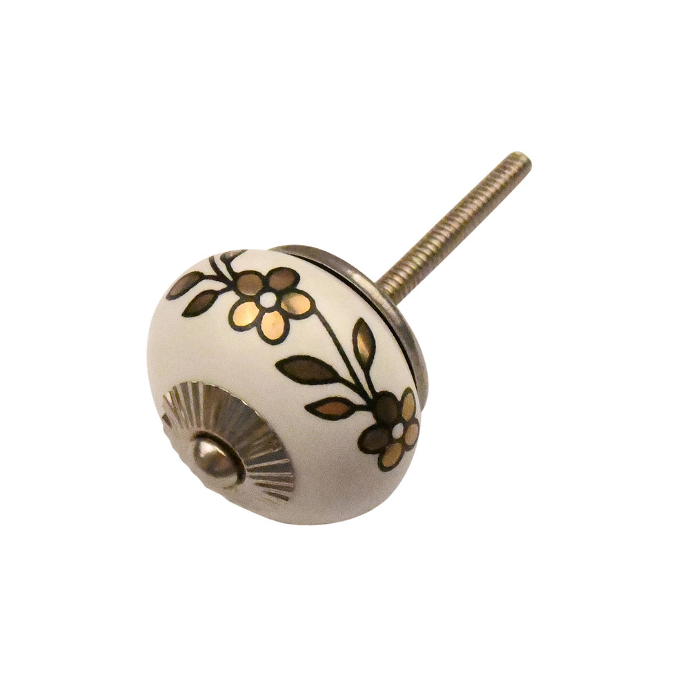 Möbelknopf 40mm weiß mit goldenen Blüten - SchmiedeeiserneBeschlaege.de