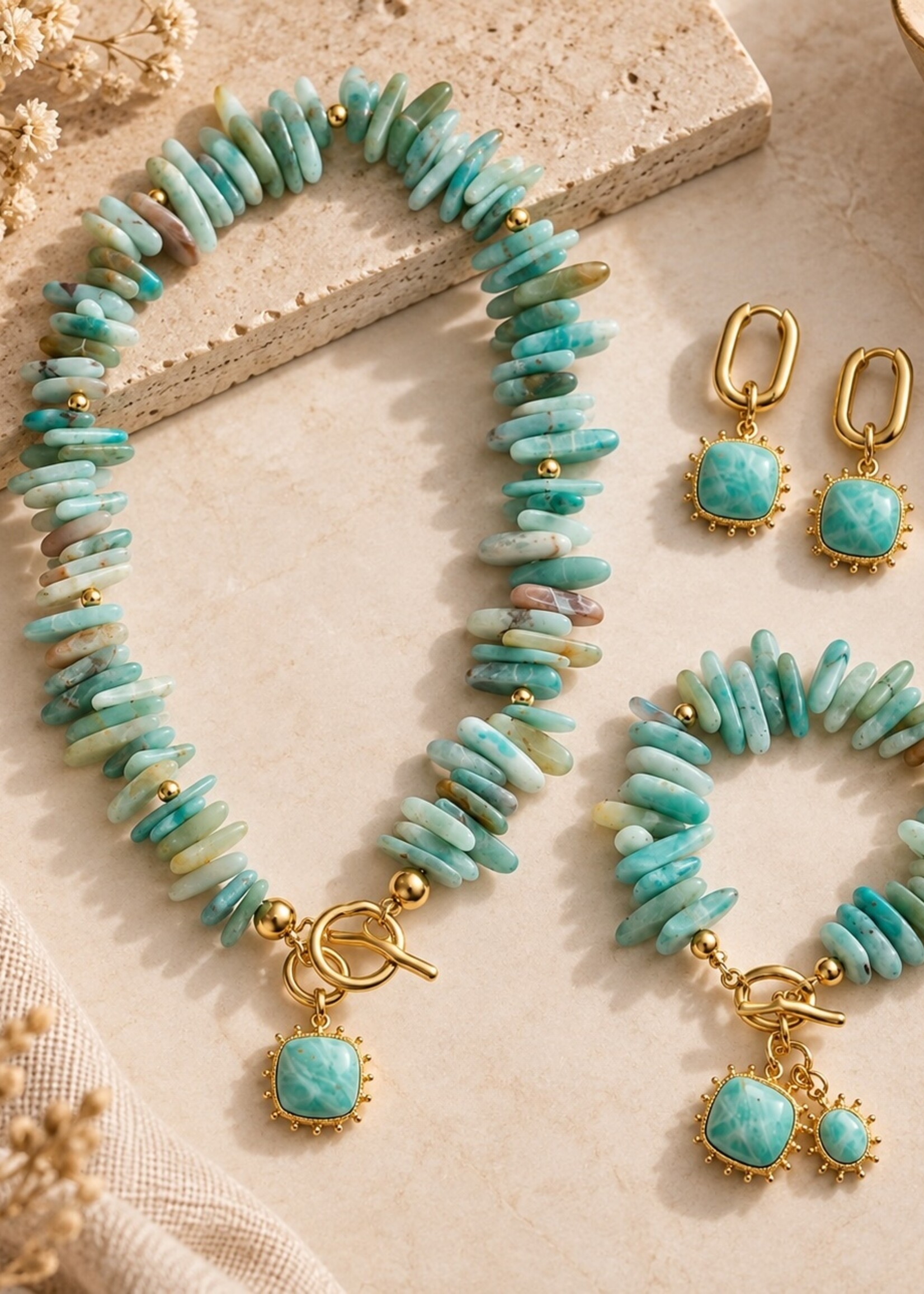 Nakony Amazonite Affair Set | Statement ketting, armband & oorbellen