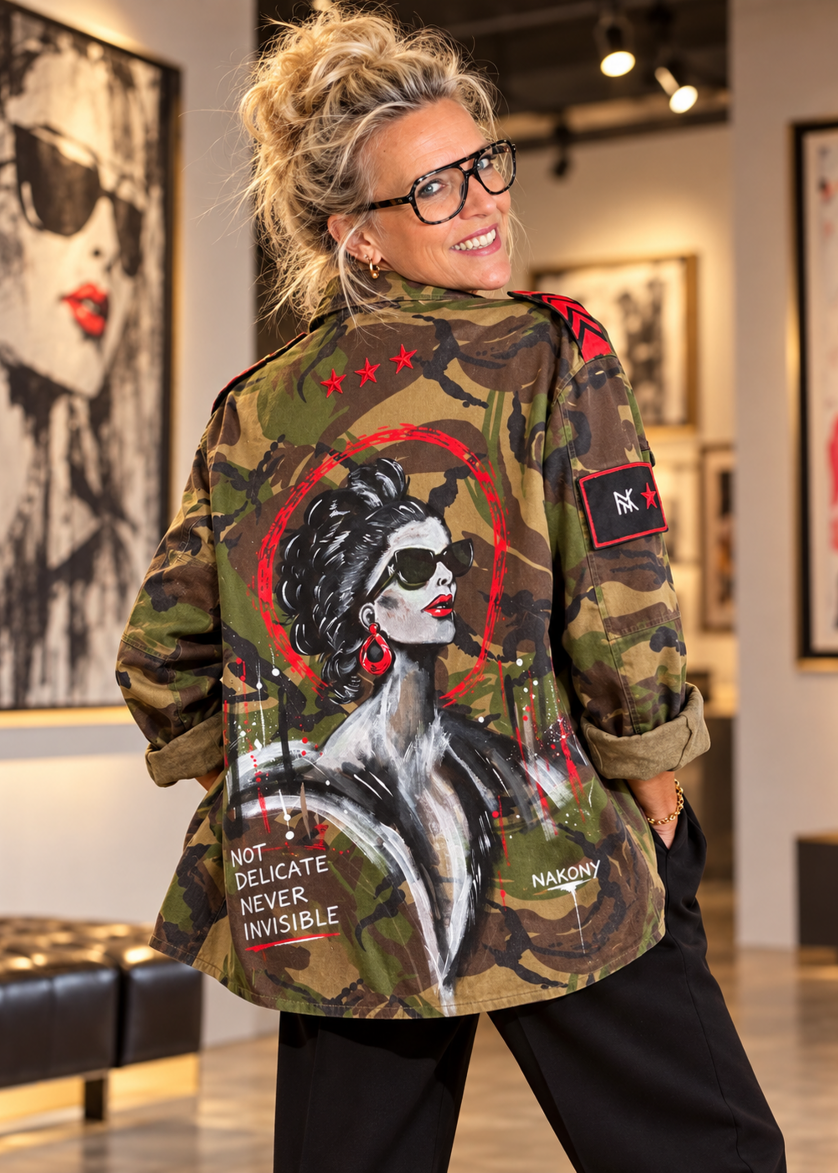 Nakony Army Rebel Jacket | Olive statement jasje met art patches | Nakony Art Wear Grevenbicht