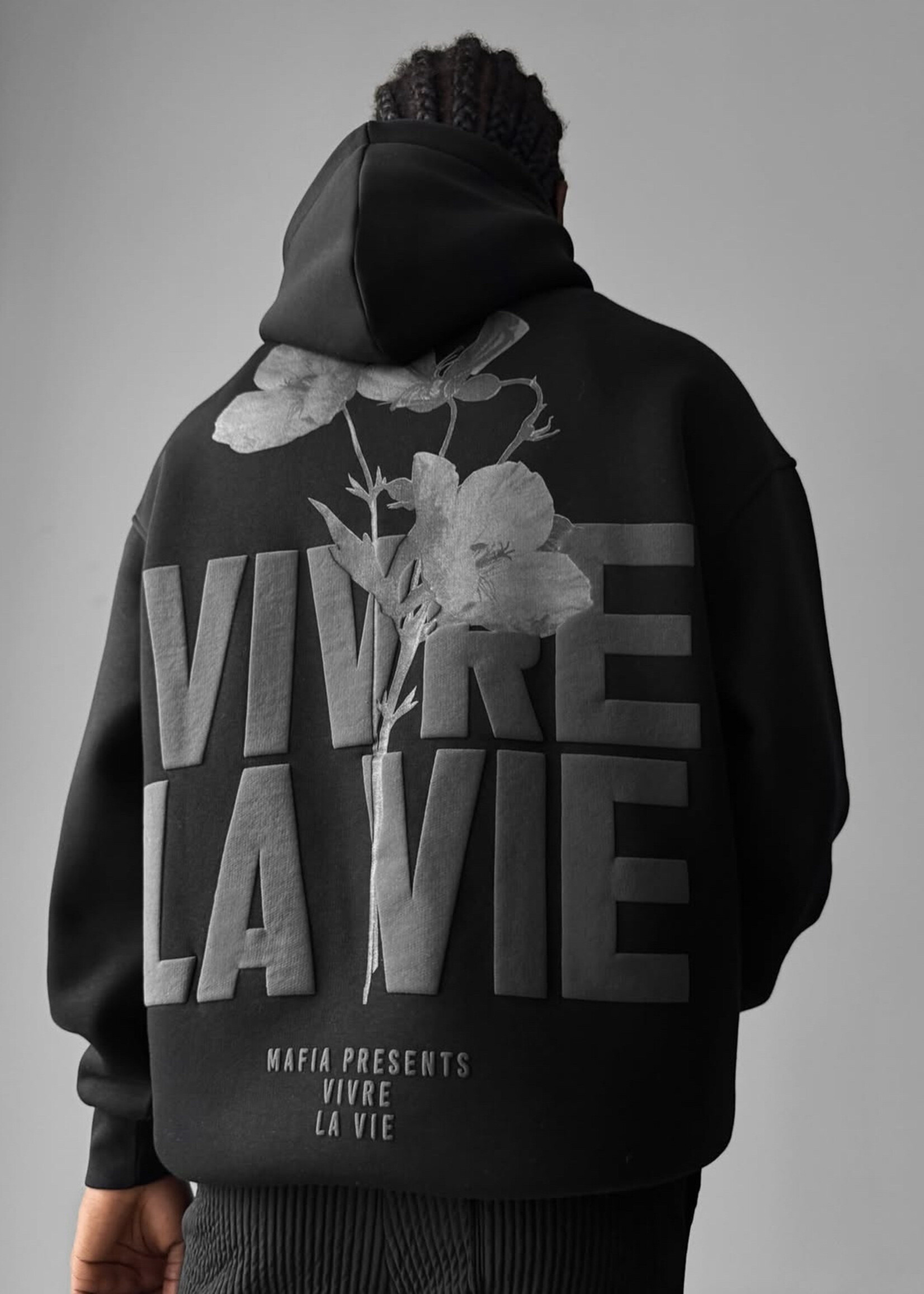 OVERSIZED VIVRE LA VIE HOODIE - BLACK AND GREY