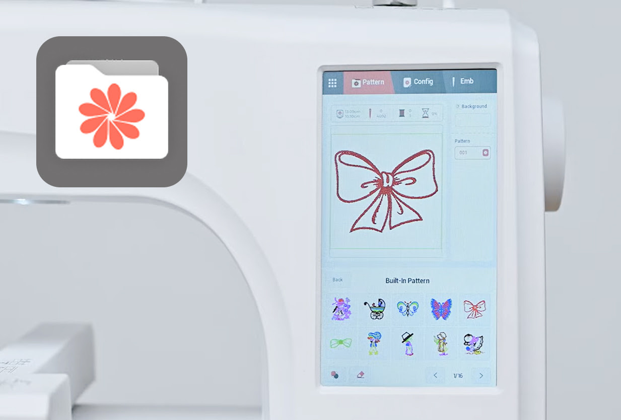 Primer plano de la pantalla táctil del PooLin EOC06. Muestra la biblioteca de diseños y se ha seleccionado el diseño de una cinta.