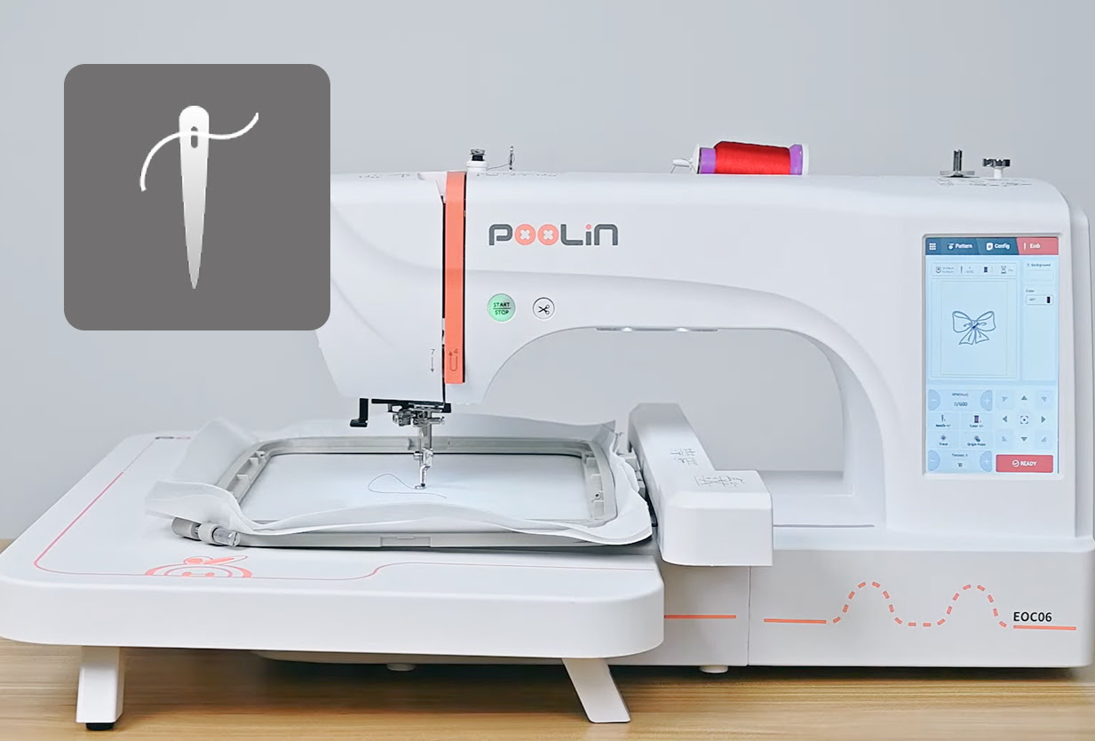 Una máquina de bordar PooLin EOC06 sobre una mesa con un bastidor acoplado. La pantalla está encendida.