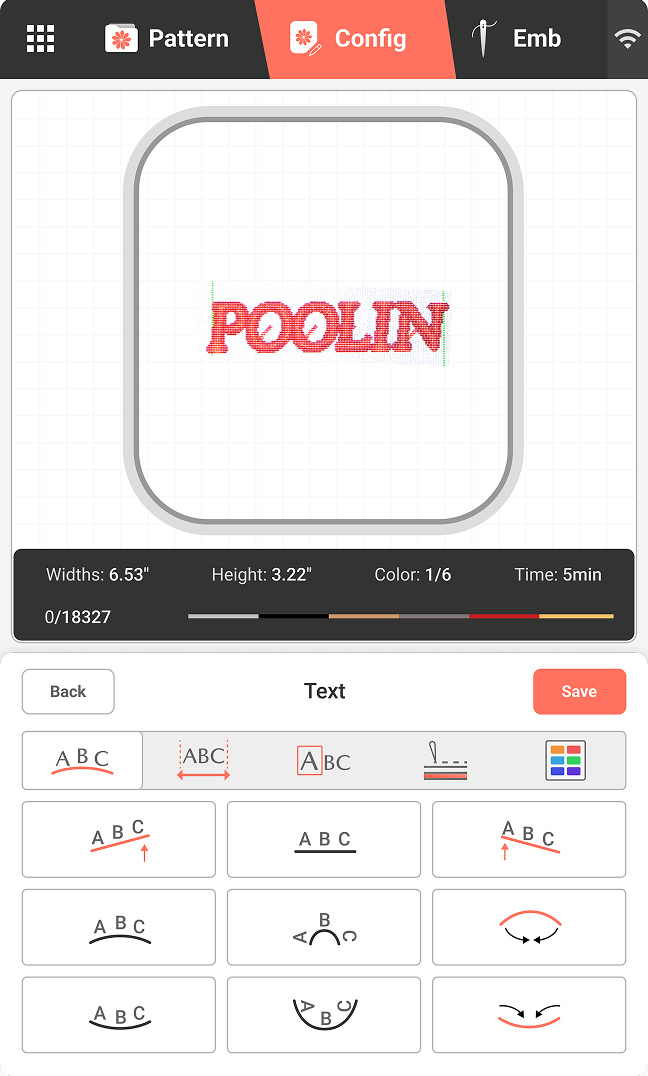 Ejemplo de una pantalla del PooLin EOC06: vista previa del texto POOLIN en el modo de configuración de patrones. Hay varias opciones para cambiar el ángulo del texto.
