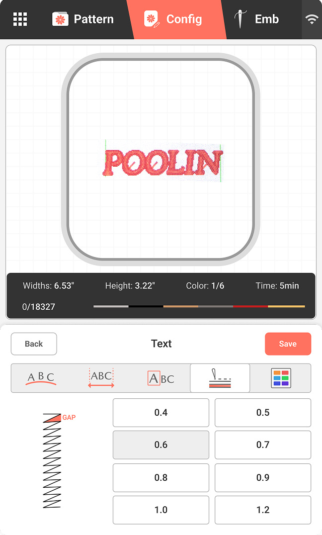 Ejemplo de una pantalla del PooLin EOC06: vista previa del texto POOLIN en el modo de configuración de patrones. Hay varias opciones para cambiar la densidad de puntadas del texto.