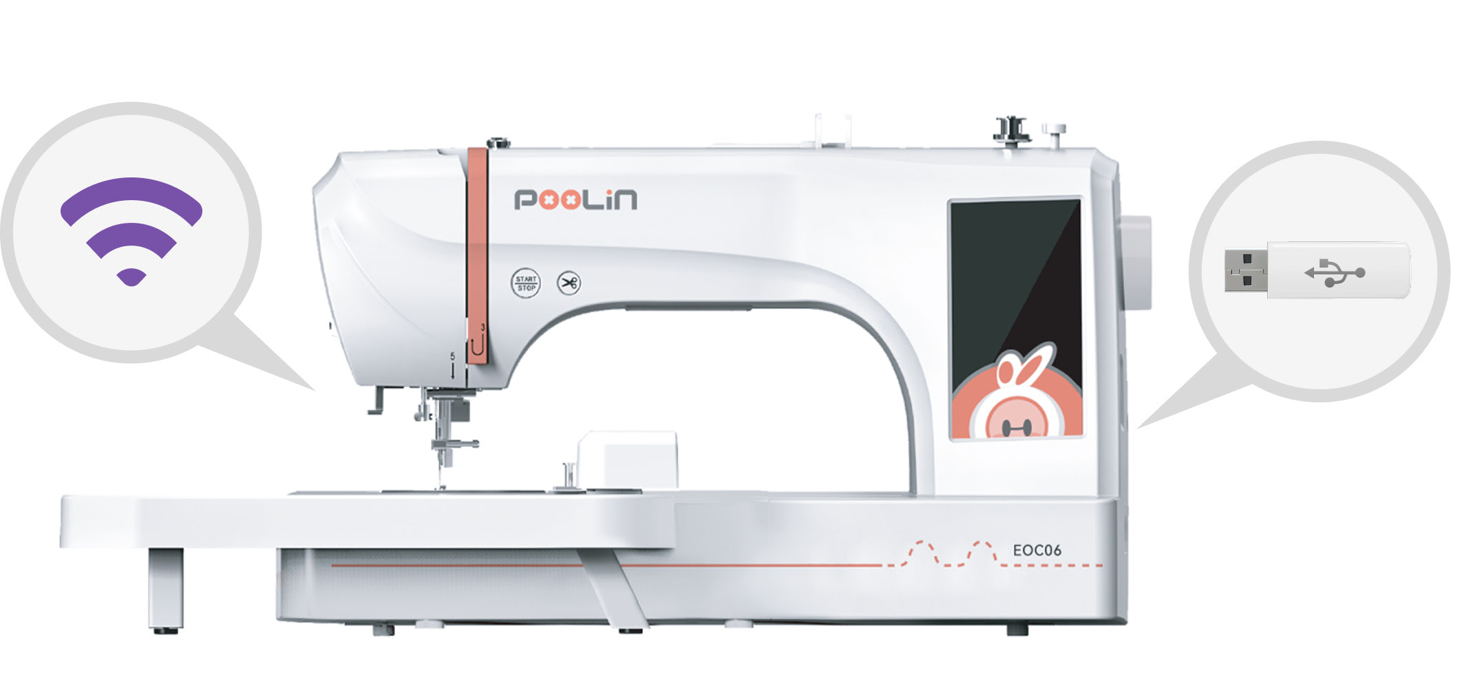 Vista frontal de una máquina de bordar PooLin EOC06. A la izquierda hay un icono con forma de burbuja que representa la conectividad inalámbrica y, a la derecha, otro icono con forma de burbuja que sostiene una memoria USB.