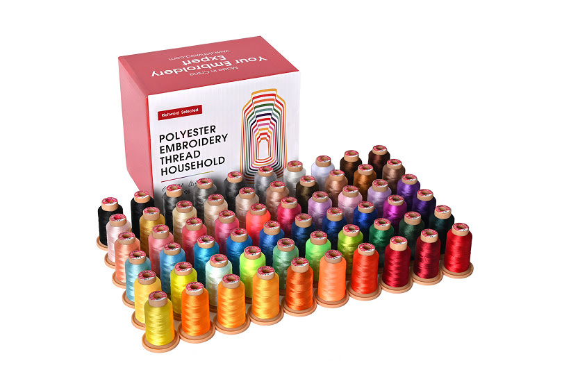 Box of embroidery thread with the different colours neatly placed in front.