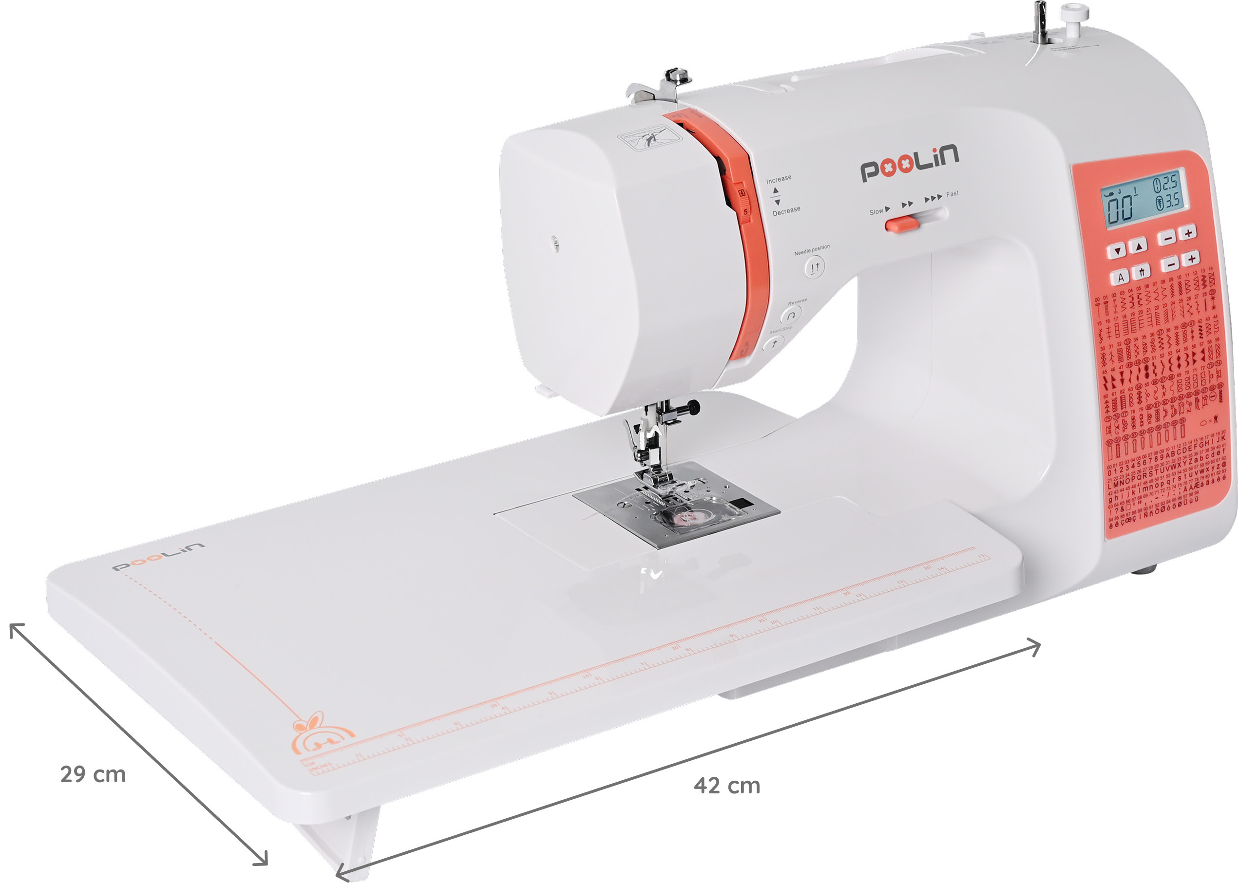 PooLin EOC02 sewing machine with the working table attached. The dimensions of the table are 29 × 42 cm.