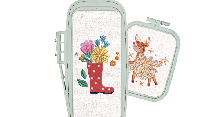 Two embroidery hoops with left the 10 x 23.5 cm hoop with an embroidery design of a red boot with flowers, and right the 10 x 10 cm hoop of a reindeer with the text holy night.