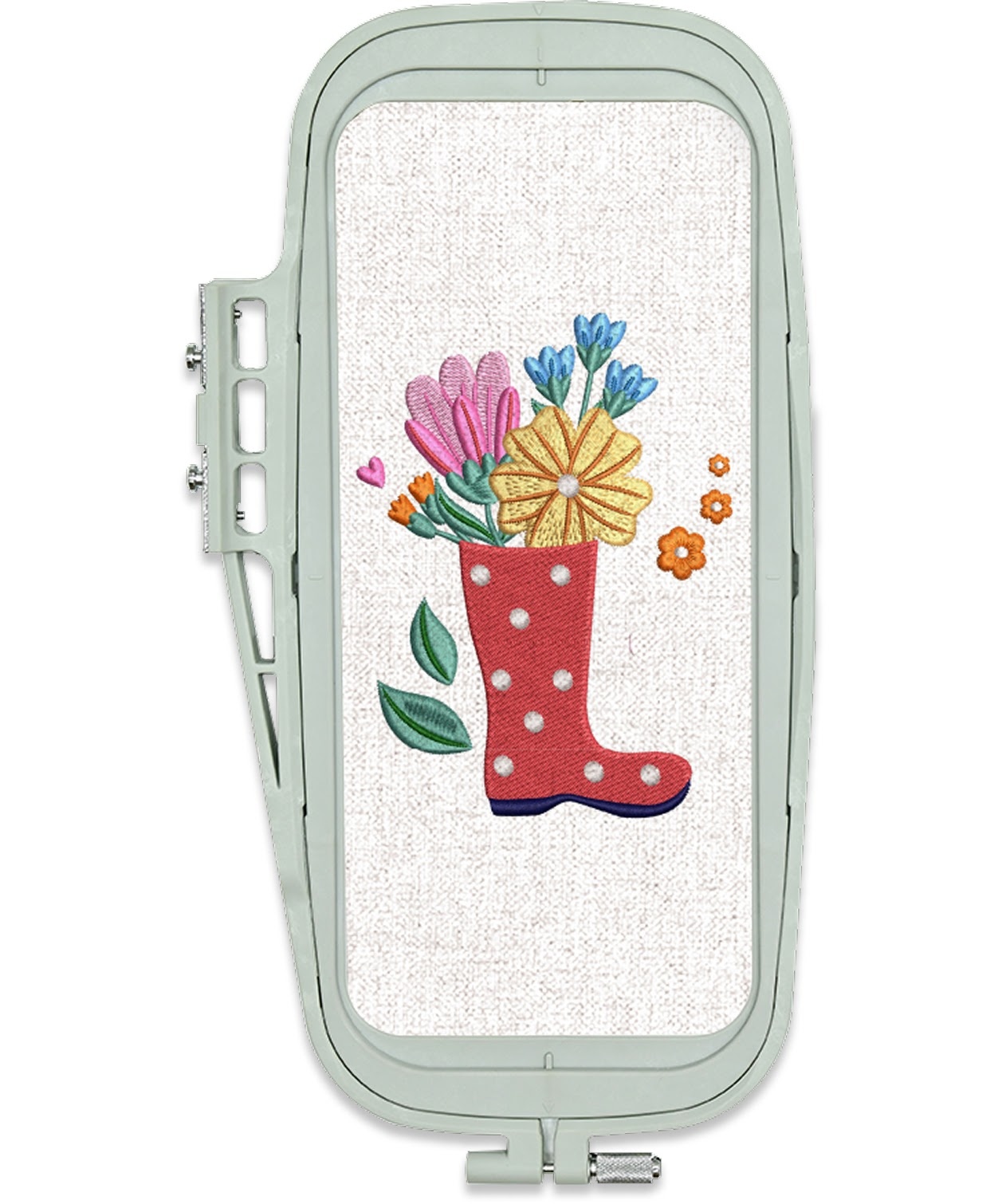 10 x 23.5 cm embroidery hoop with a design of a red boot with flowers.