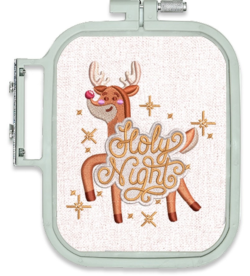 10 x 10 cm embroidery hoop with a reindeer and the text Holy Night