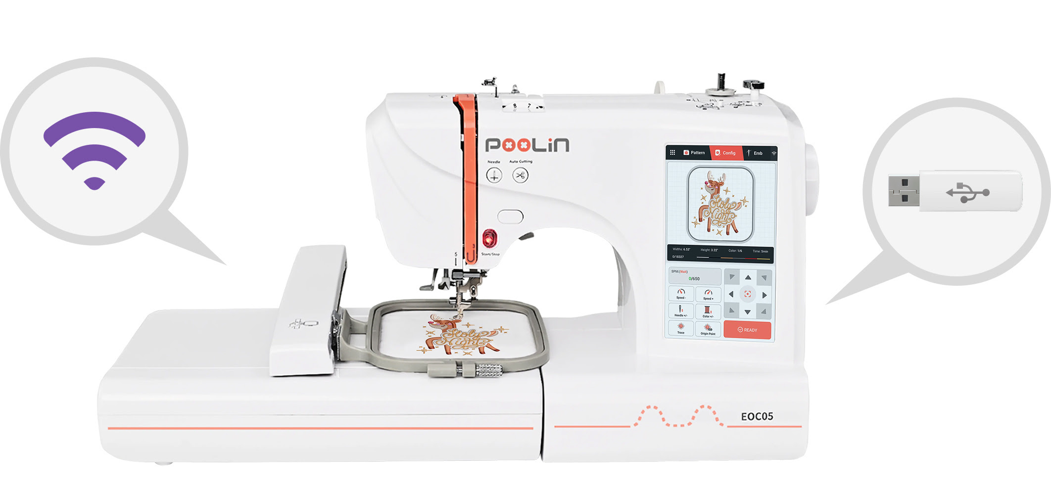 Frontal view of a PooLin EOC05 embroidery machine. On the left there a bubble as an icon for wireless connectivity and on the right a bubble holding a USB thumbdrive.
