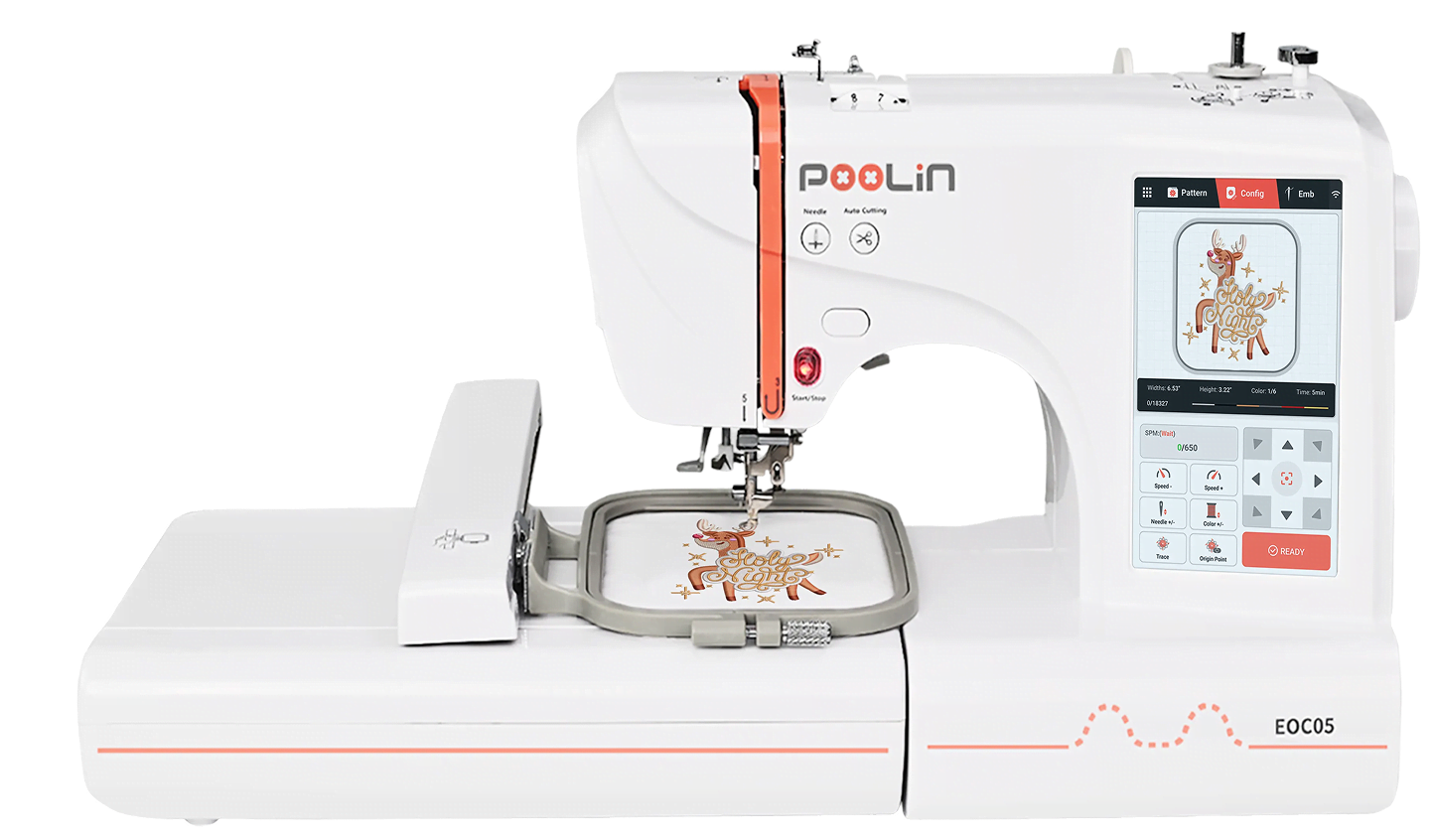 Frontal view of the PooLin EOC05 embroidery machine.