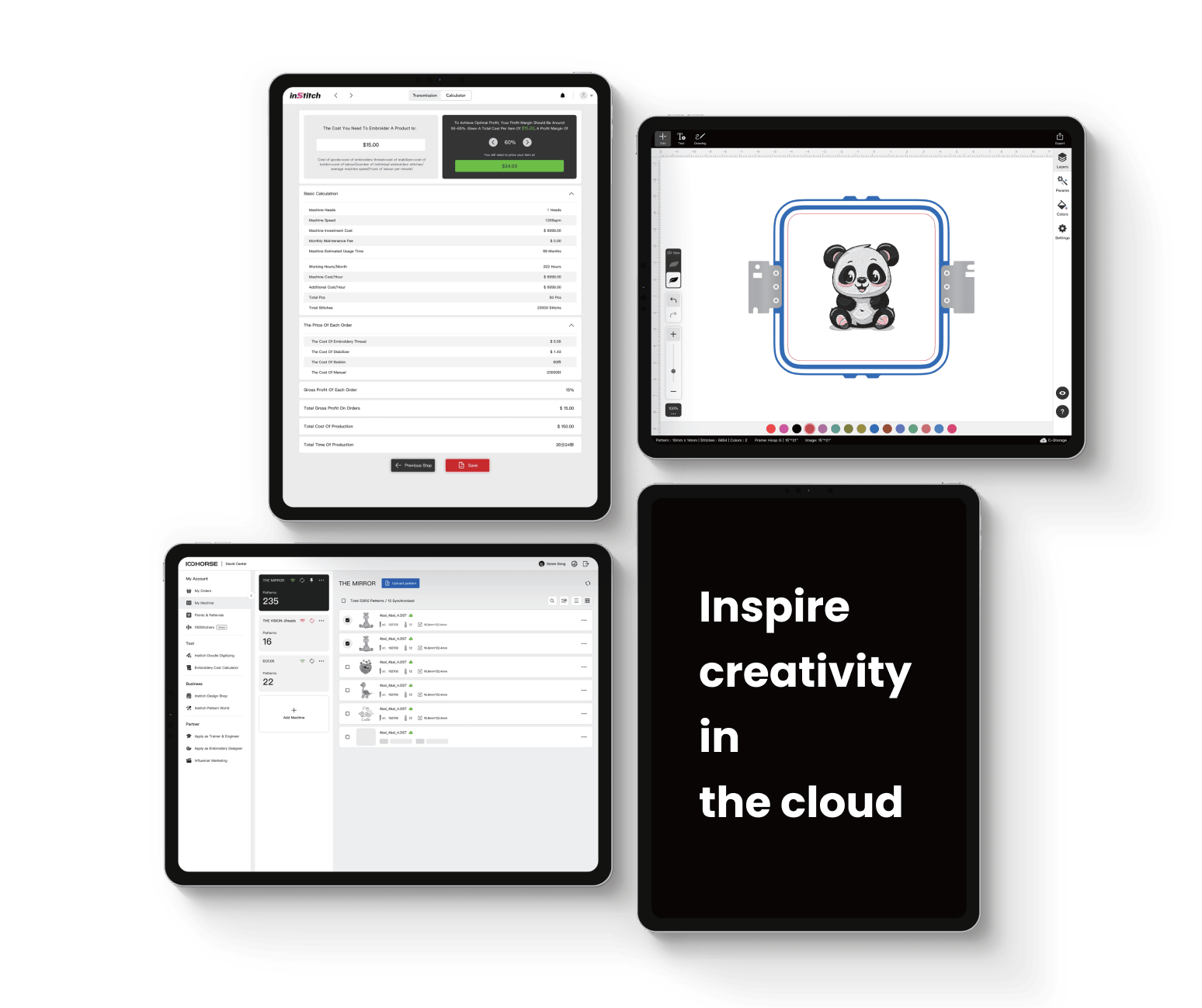 To down view of 4 tablets against a light grey background. Top left has the Institch file transfer open, top right Institch Doodle Digitizing, bottom left the embroidery cost calculator and bottom right has the text Inspire creativity in the cloud against a black background on its screen.