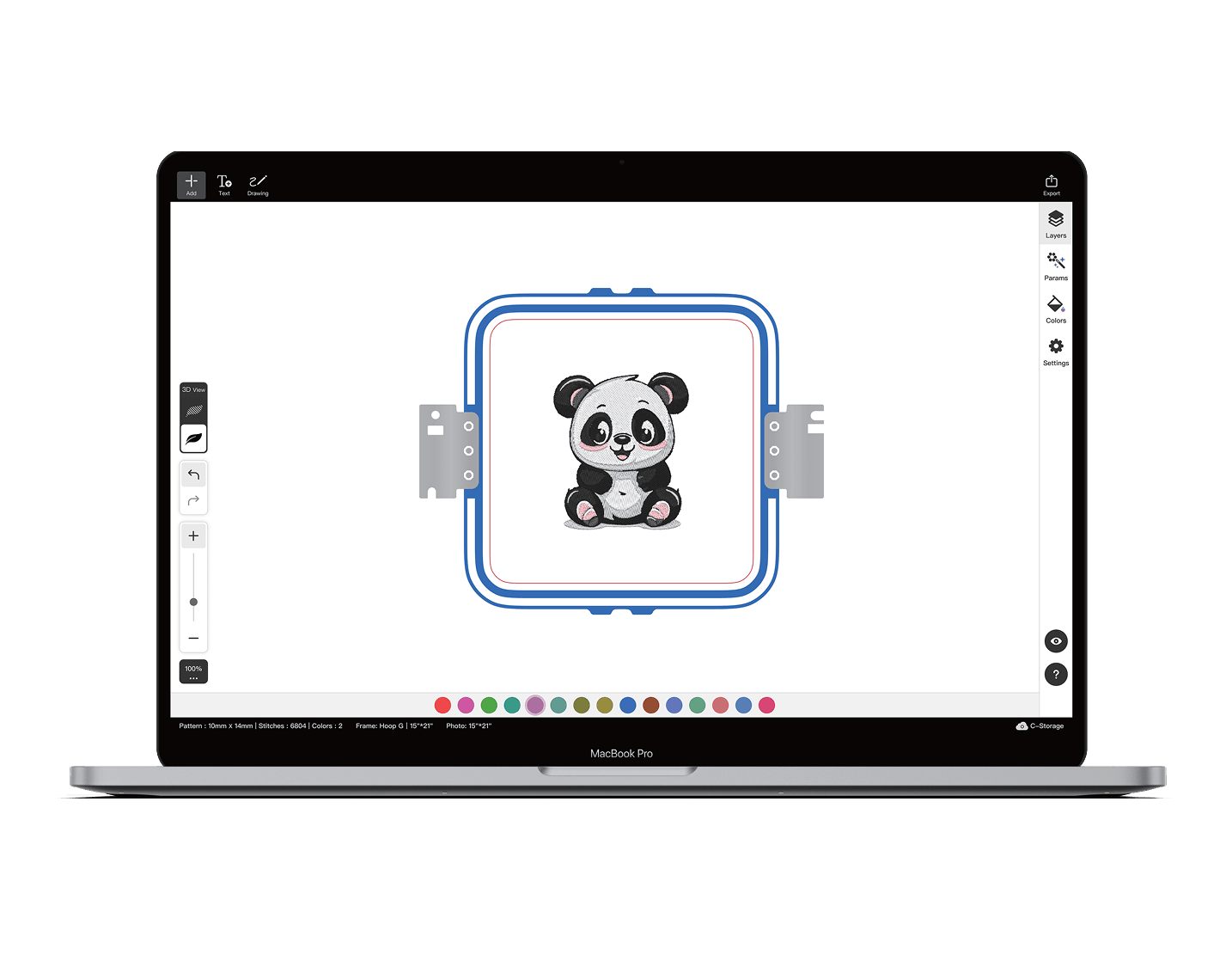 Laptop screen showing Institch Doodle Digitizing in use. The screen shows a square hoop on the artboard with a design of a cute panda.