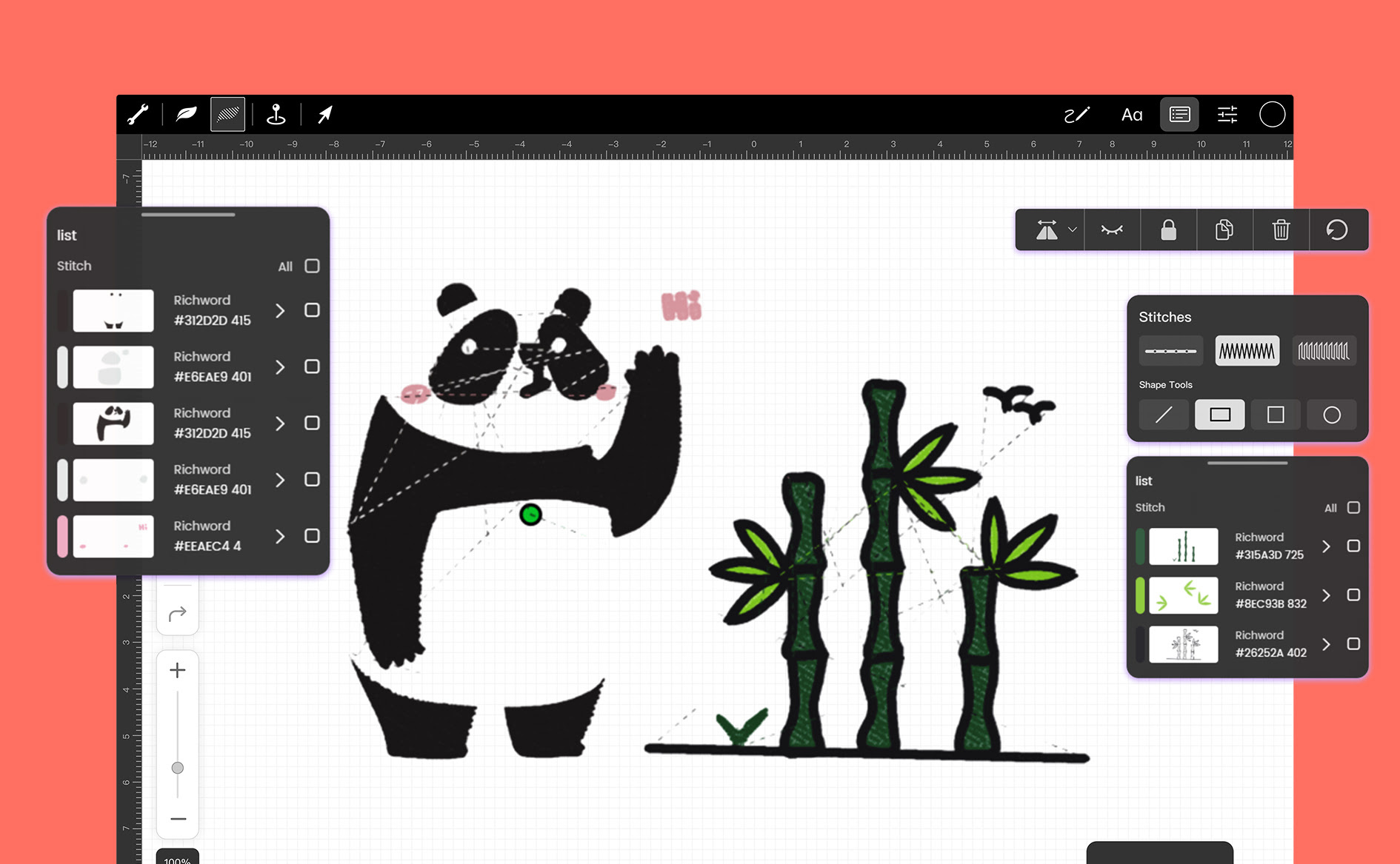 Institch Doodle Digitizing software showing a panda and bamboo on the artboard.