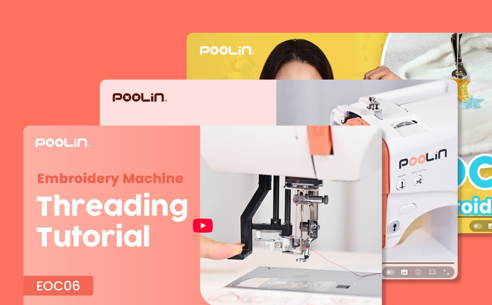 Thumbnails of three youtube tutorials stacked on top of eachother. The top one shows a thumbnail of a threading tutorial for your EOC06 embroidery machine