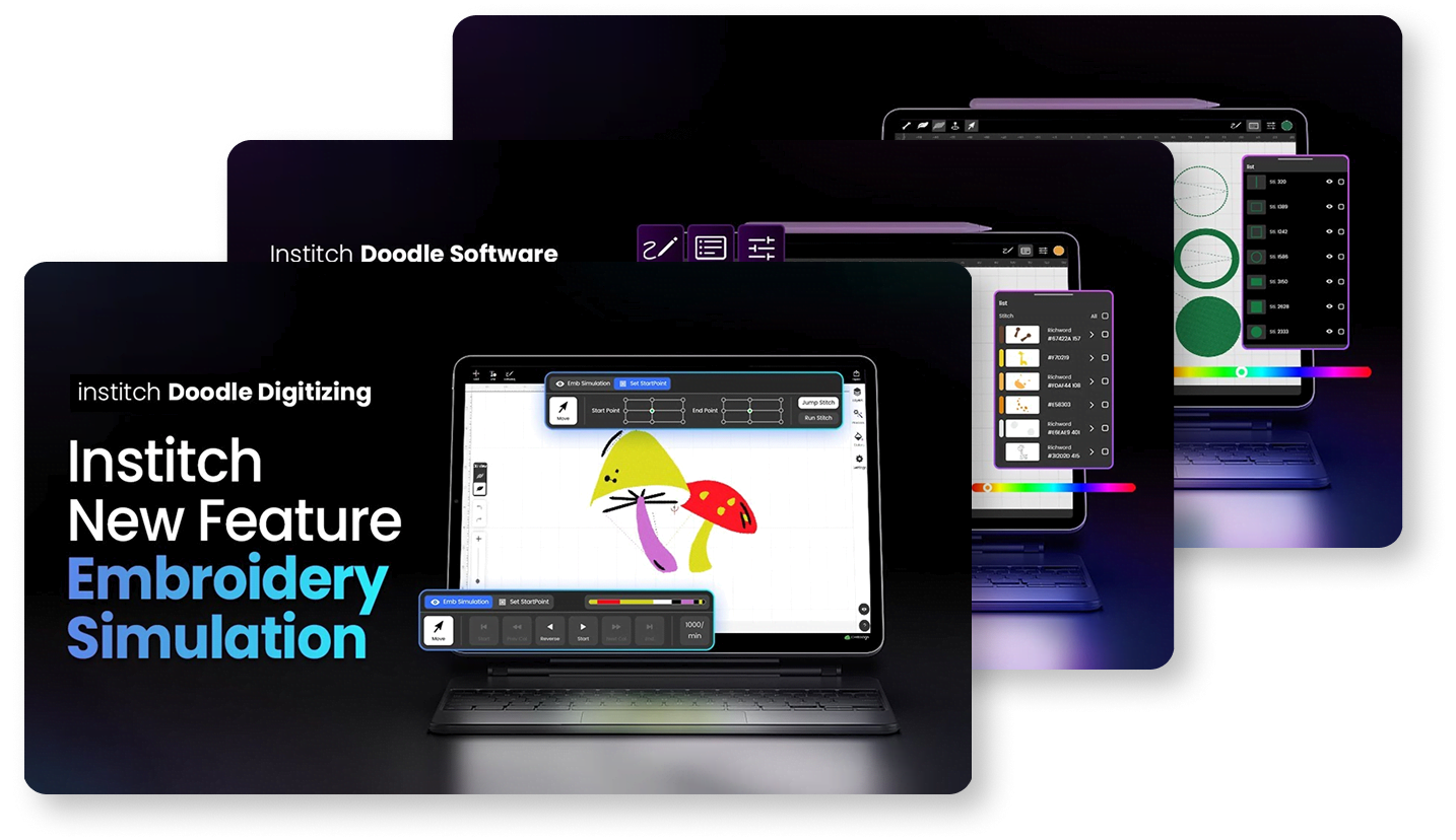 Three stacked screenshots of YouTube tutorials for Institch Doodle Digitizing. The top screenshot shows a tutorial for the new feature of embroidery simulation.