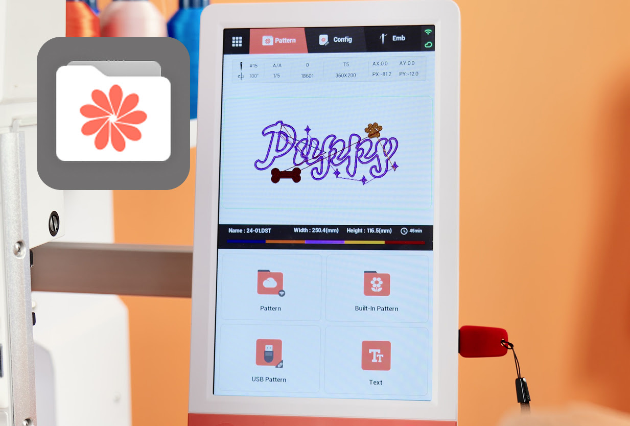 Close-up of the touch screen of the PooLin EOM with the pattern selection screen open.